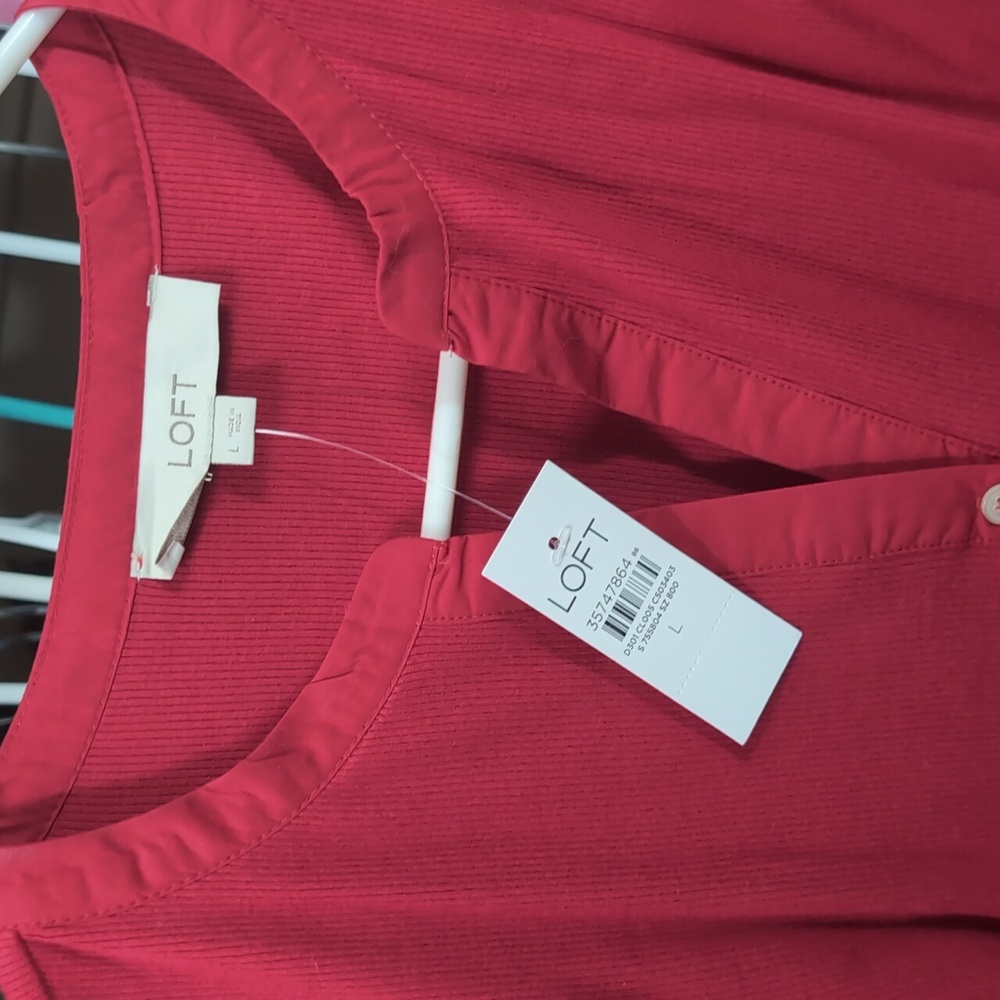 NWT LOFT plaid blouse top red Henley holiday long sleeve large women's - Picture 4 of 9